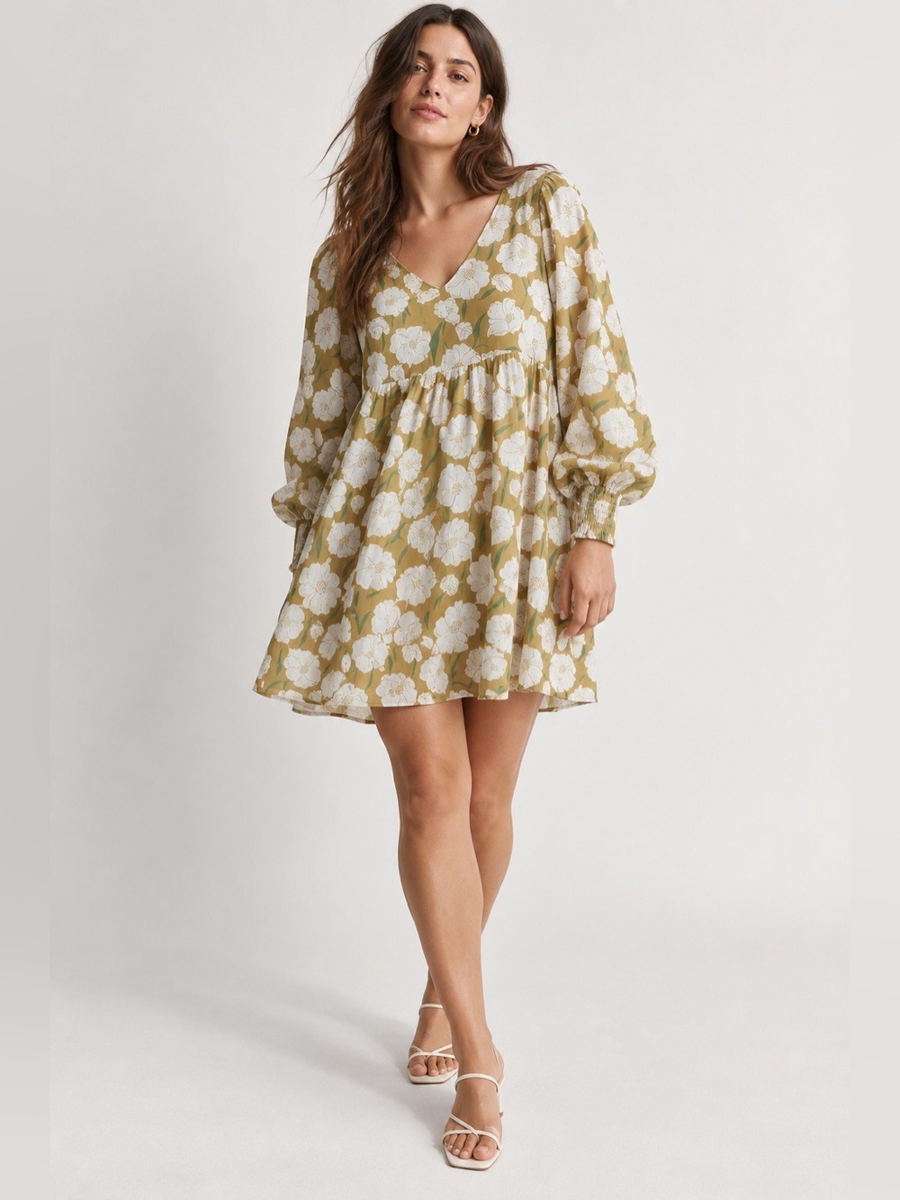 Ran Floral Puff Long Balloon Sleeve Voluminous Baby Doll Mini Short Dress